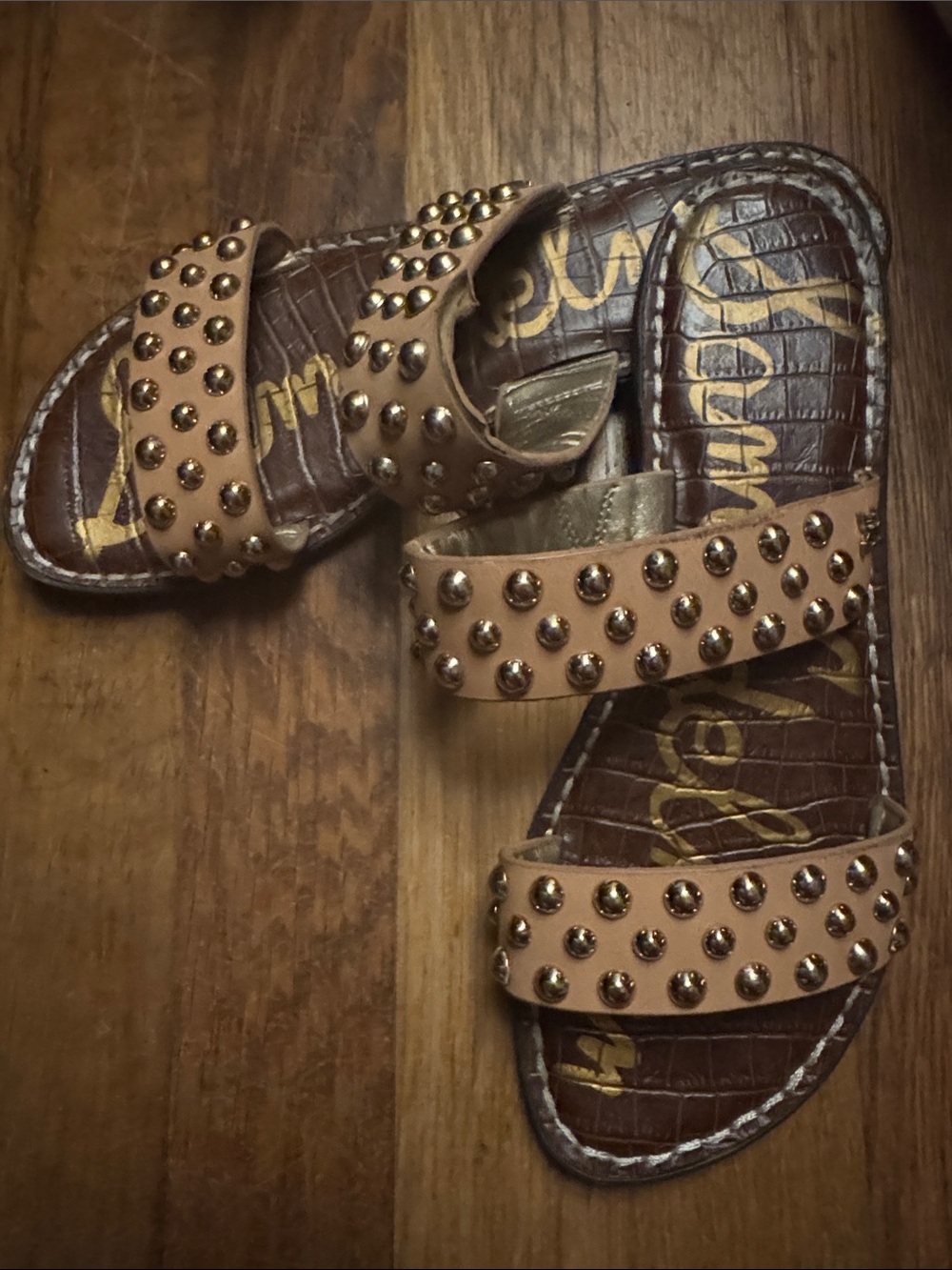 Sam Edelman Studded Double Strap Tan Leather Slide Sandals